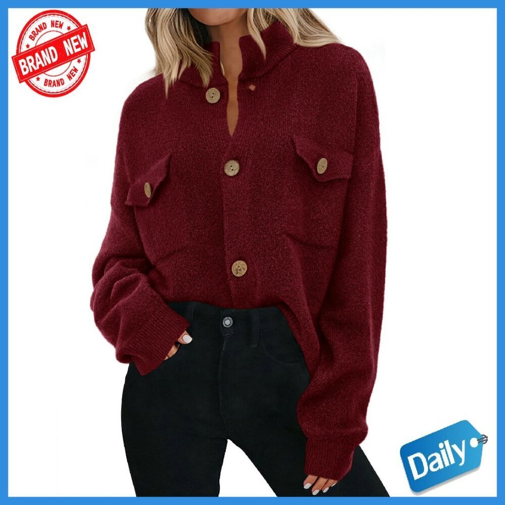 Chunky Knit Cardigan Mock Neck Button Up Loose Fit Long Sleeve Sweater